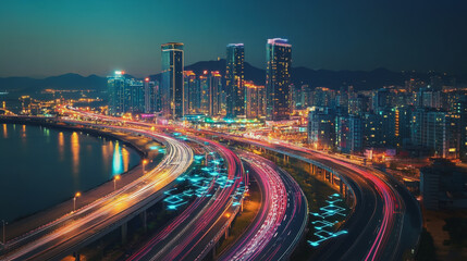 Fototapeta premium Smart Innovation city with connection cyber security network reciprocity over the night cityscape future wireless digital city and social media networking systems that connects people in the city