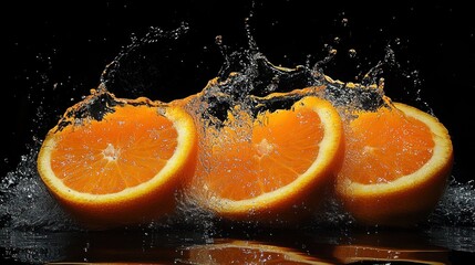 Three orange slices splashing in water against black background.