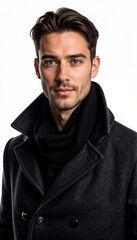 Man in black wool coat with turtleneck on white background. For modern winter fashion.