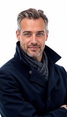 Obraz premium Mature man in navy coat with scarf on white background. For business and formal wear.