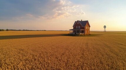 Fototapeta premium Traditional Farmhouse Surrounded by Golden Wheat Field Under a Beautiful Sky