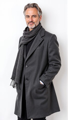 Man in gray wool coat with scarf on white background. For business fashion and professional wear retailers.