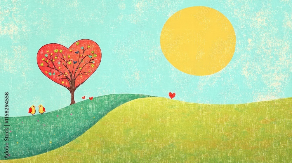 Aufkleber whimsical hand drawn valentines day design with heart tree and cheerful landscape waiting for your t