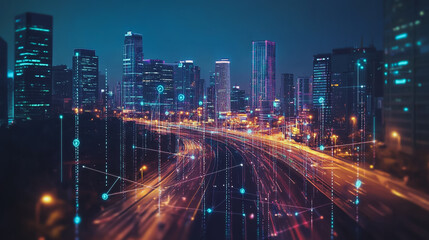 Naklejka premium Smart Innovation city with connection cyber security network reciprocity over the night cityscape future wireless digital city and social media networking systems that connects people in the city