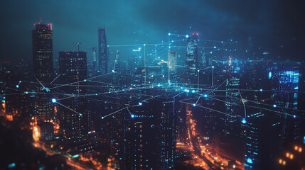 Smart Innovation city with connection cyber security network reciprocity over the night cityscape future wireless digital city and social media networking systems that connects people in the city