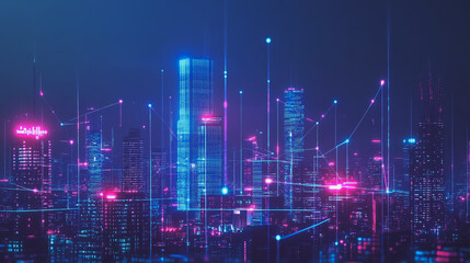 Smart Innovation city with connection cyber security network reciprocity over the night cityscape future wireless digital city and social media networking systems that connects people in the city