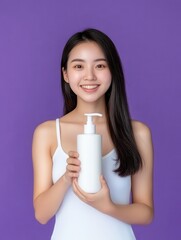 Promoting skincare routine young woman holding lotion bottle studio portrait vibrant purple background