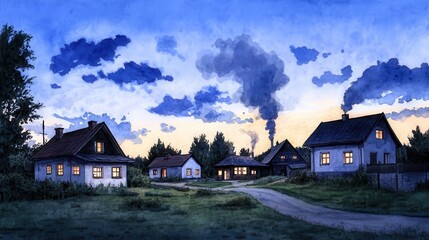 Evening serenity smoke rising from cozy cottages rural village digital art tranquil landscape panoramic view peaceful atmosphere