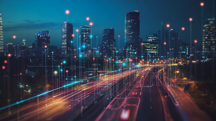 Obraz premium Smart Innovation city with connection cyber security network reciprocity over the night cityscape future wireless digital city and social media networking systems that connects people in the city