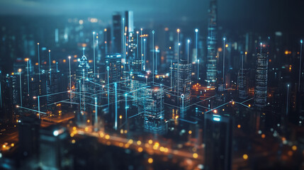 Smart Innovation city with connection cyber security network reciprocity over the night cityscape future wireless digital city and social media networking systems that connects people in the city