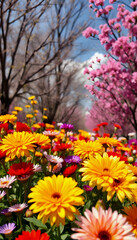 Fototapeta premium Colorful flowers background, spring season concept, enhance, with white tones