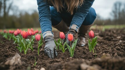 Woman planting red tulips in a garden.