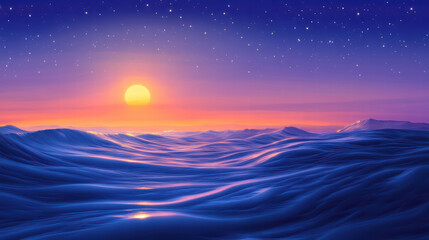 Fototapeta premium serene ocean scene at dawn, featuring gentle waves illuminated by vibrant sunrise. sky is filled with stars, creating tranquil atmosphere