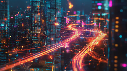 Smart Innovation city with connection cyber security network reciprocity over the night cityscape future wireless digital city and social media networking systems that connects people in the city
