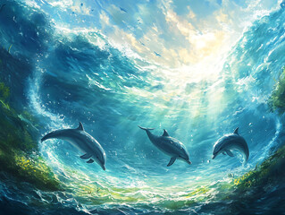 Fototapeta premium A dynamic underwater composition of dolphins playing near the surface, illuminated by sunlight streaming through the waves