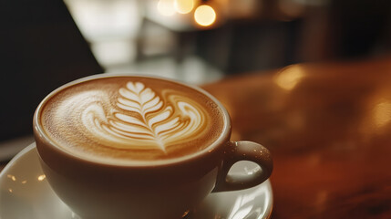 close up of hot coffee latte featuring intricate foam art, resting on wooden table. warm ambiance creates cozy atmosphere perfect for relaxation