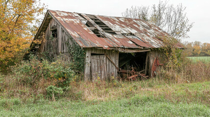 Obraz premium Abandoned Rural Barn with Collapsing Roof and Exposed Beams in Overgrown Field