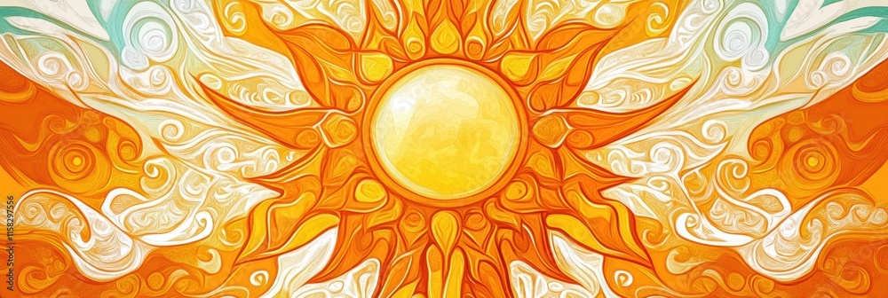 Poster bright sun doodle with pancake like rays shining over a vibrant background. generative ai