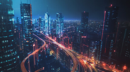 Fototapeta premium Smart Innovation city with connection cyber security network reciprocity over the night cityscape future wireless digital city and social media networking systems that connects people in the city