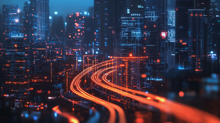 Fototapeta premium Smart Innovation city with connection cyber security network reciprocity over the night cityscape future wireless digital city and social media networking systems that connects people in the city