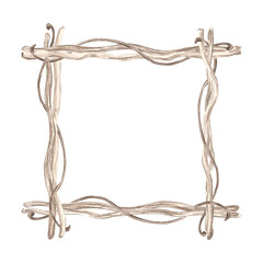 Wooden square frame made of sea driftwood and vines. Hand drawn watercolor illustration isolated. Marine border of old dry branches. Copy space for text. Marine template for postcard, textile, print.