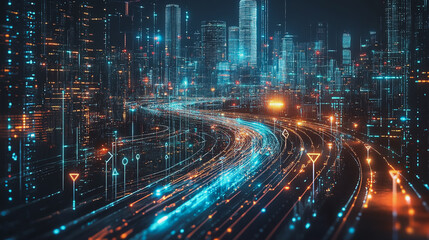 Obraz premium Smart Innovation city with connection cyber security network reciprocity over the night cityscape future wireless digital city and social media networking systems that connects people in the city