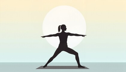 Fototapeta premium Slender woman practicing yoga on sunrise or sunset sky background in silhouette