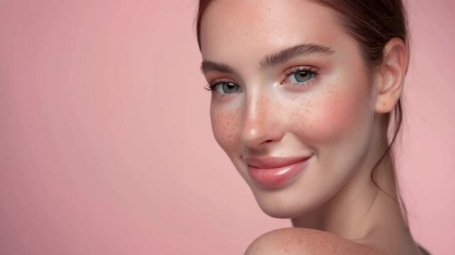 A woman with flawless natural skin stands gracefully against a pastel background, highlighting smooth textures and soft tones, with a serene and elegant expression that exudes simplicity