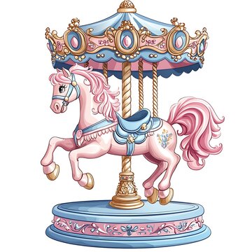 A whimsical illustration of a pink carousel horse on a pastel-colored carousel.