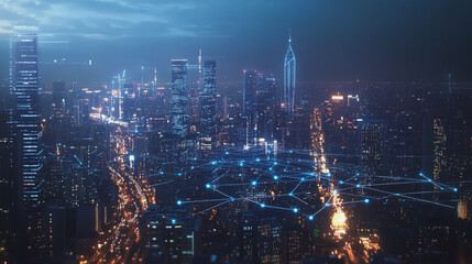 Smart Innovation city with connection cyber security network reciprocity over the night cityscape future wireless digital city and social media networking systems that connects people in the city