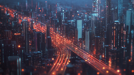 Smart Innovation city with connection cyber security network reciprocity over the night cityscape future wireless digital city and social media networking systems that connects people in the city