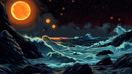 Obraz premium dramatic scene of waves crashing against rocky shore under vibrant sky with multiple suns. contrast of colors creates mesmerizing atmosphere