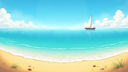 A calm, turquoise ocean stretching out to the horizon under a vibrant blue sky, with gentle waves softly lapping at the sandy shore and a solitary sailboat in the distance.

