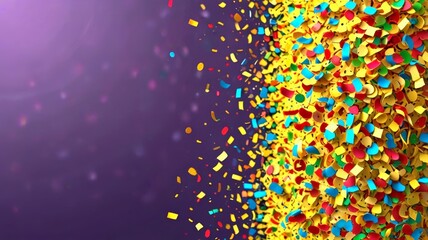 A dynamic explosion of colorful confetti creates a lively visual on a purple backdrop, conveying celebration and energy, ideal for party invitations or festive themes.