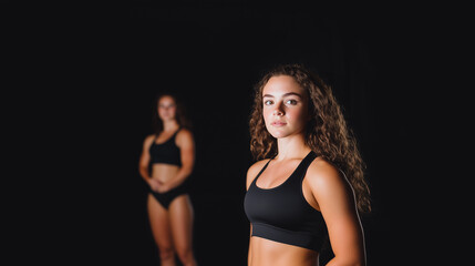 Naklejka premium Photoshoot of a beautiful toned girl in a sports top and short athletic shorts, with long hair. Full-body photo, posing.
