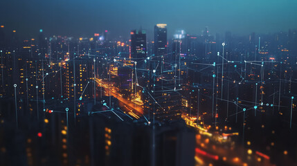 Fototapeta premium Smart Innovation city with connection cyber security network reciprocity over the night cityscape future wireless digital city and social media networking systems that connects people in the city