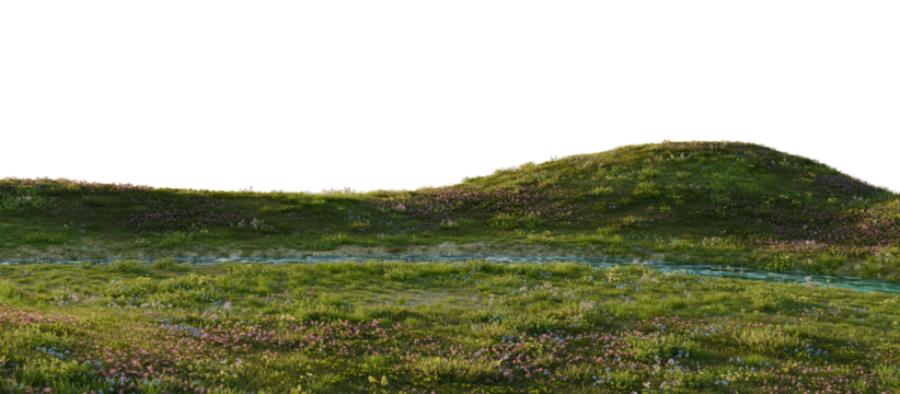 Scenic meadow stream with wildflowers. 3D rendering.