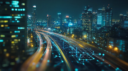 Fototapeta premium Smart Innovation city with connection cyber security network reciprocity over the night cityscape future wireless digital city and social media networking systems that connects people in the city