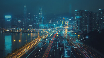 Obraz premium Smart Innovation city with connection cyber security network reciprocity over the night cityscape future wireless digital city and social media networking systems that connects people in the city
