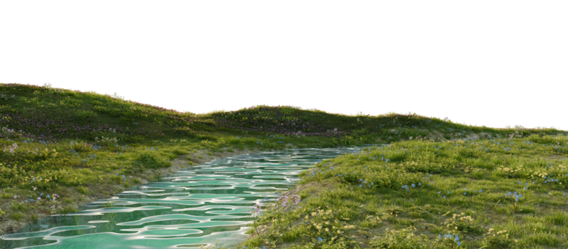 Scenic meadow stream with wildflowers. 3D rendering.