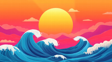 Vibrant waves in colorful sea with large sun setting behind mountains create stunning landscape. scene evokes sense of tranquility and beauty