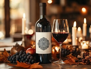 At an autumn dinner there was a bottle of red wine on the table. The background is decorated with candles, leaves, blackberries, plates and cutlery. Next to it was a glass full of deep purple wine.