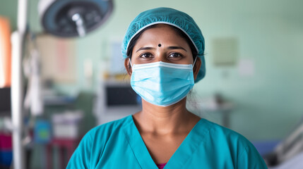 Indian Surgeon in Operating Room - Indian female surgeon wearing scrubs and a surgical mask, preparing for an operation in a sterile environment, conveying professionalism and focu