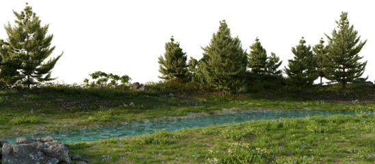 Tranquil Stream in Lush Meadow with Pine Trees. 3D rendering.