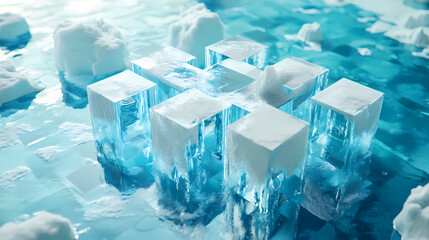 Obraz premium Crosswords of south pole arranged by cubic letters on a mirror floor, concept meaning and presentation. africa and blue. Lustral. Illustration