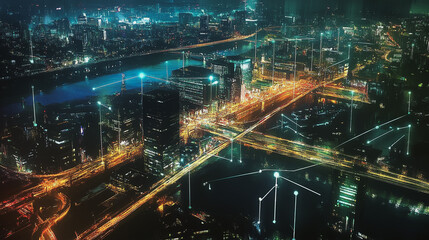 Fototapeta premium abstract professional business team people innovation connection of line from nail node to node on Smart Innovation city with connection cyber security network reciprocity , networking concept