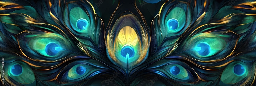 Fototapete Intricate pattern of overlapping peacock feathers with space for adding custom text or messages. Generative AI