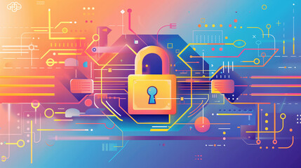 cybersecurity padlock graphic representing the safeguarding of digital information, featuring high-tech elements and striking colors to evoke protection