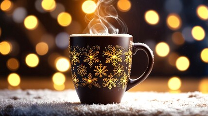 Obraz premium A steaming cup of coffee adorned with snowflakes is set against a backdrop of glowing bokeh lights. The inviting atmosphere enhances the cozy feeling of winter warmth.