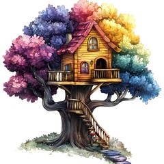 Whimsical Rainbow Treehouse Nestled in a Vibrant, Colorful Tree.
